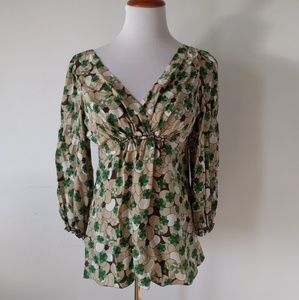 ❎ *Sold* Retro Beige Floral Pattern Silk Blouse